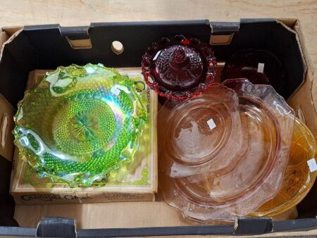 Assortment of Vintage Glass Dishes + Bowls - Incs Green Carnival Glass