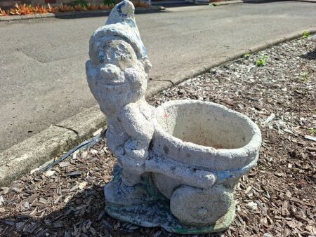 Concrete Garden Gnome Statue and Wheelbarrow Pot