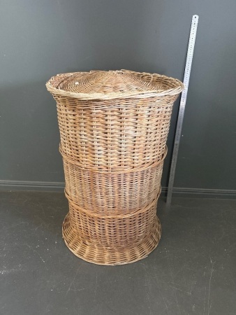 Large Mid Century Cane Laundry Basket with Lid