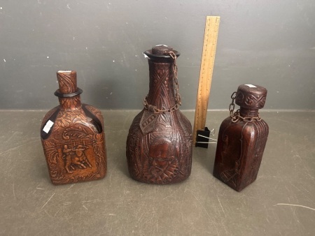 3x Vintage Spanish Leather Wrapped Glass Decanters