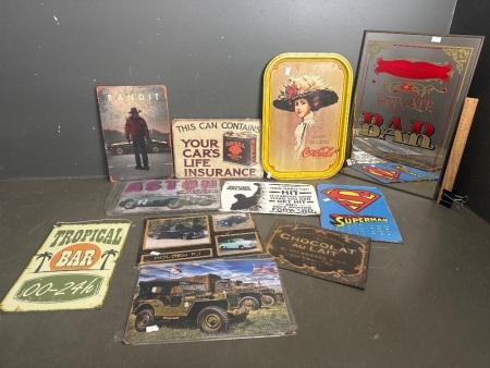 Large Lot of Vintage Tin Signs + Coca Cola Metal Tray and Mirror Bar Sign