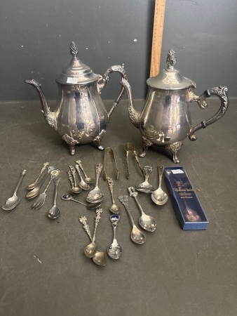 2x Vintage Marked Tea Pots + Marked Spoons