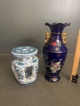Vintage Floral Themed Vase and Vintage Chinese Oriental Ceramic Plant Stand