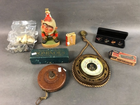 Interesting Box Lot inc. Vintage Harmonica, Dominoes, Barometer etc