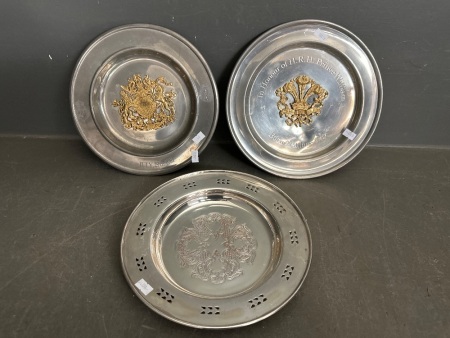 3x Pewter Plates - 2x Marked and in Commemoration of the Royal Family