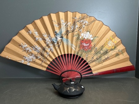 Large Handpainted Asian Folding Fan + Butterfly Cast Iron Teapot