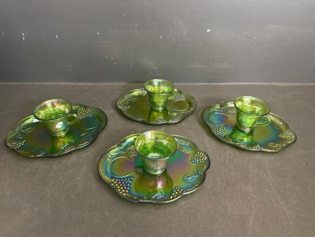 Vintage 4x Cups and 4x Plates Green Carnival Glass