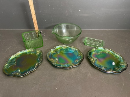 Assortment of Green Depression Glass and Green Carnival Glass