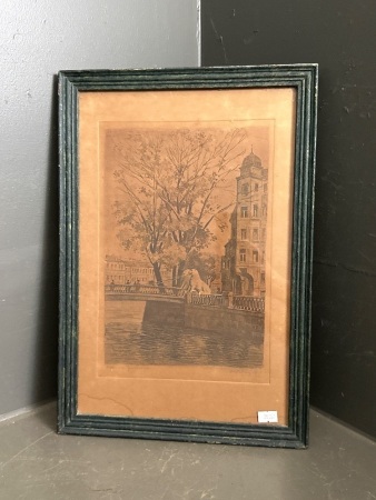 Antique Russian Engraving of St Petersburg Lions Bridge Signed