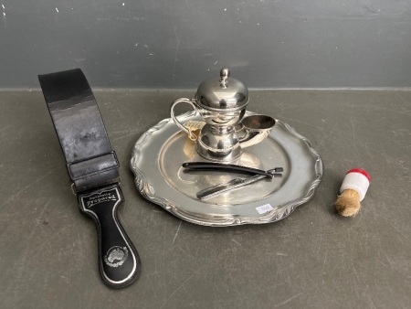 Selection of Vintage Shaving Equipment - Incs Shaving Mug - Brush - Cut Throat Razor and Razor Strop