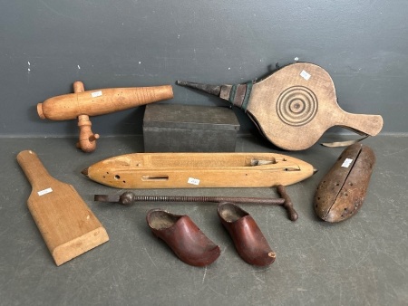Mixed Vintage Lot - Inc Wooden Tap - Butter Pat - Chimney Bellow - Shoe Last - Weaving Shuttle