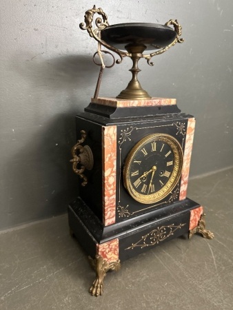 Antique French Mantel Pendulum Clock - Bernard Arthuis - Marked Victor Flueury - Black Slate Marble Case with Decorative Bronze or Gilt Metal Accents - With Key