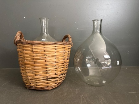 2 x Vintage Glass Demijohn - One in a Basket