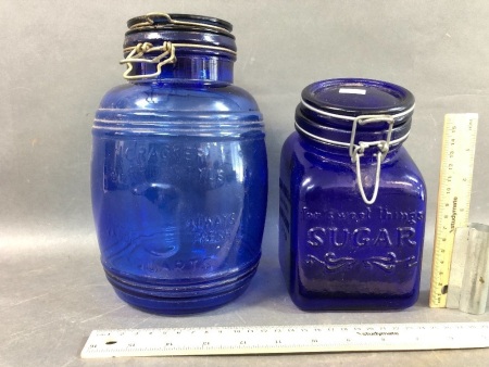 2 Blue Glass Kitchen Containers. Square Made in Italy 1979
