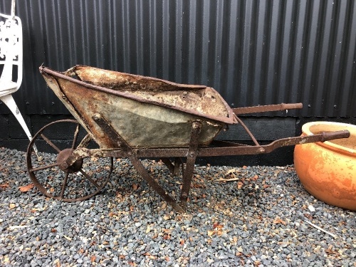 Vintage Wheelbarrow with Heavy Iron Wheel and Frame - Tin Body As Is