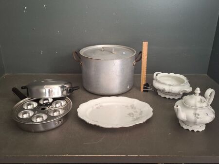 Mixed Mid Century Kitchenalia Lot - Incs Boiling Pot with Lid - Egg Poacher - South African Huguenot Fine China Serving Set