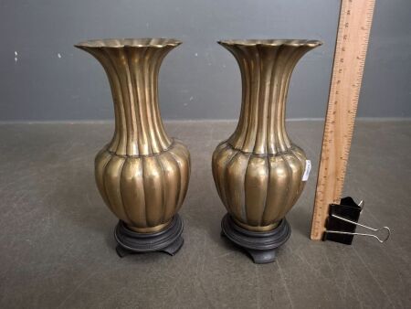 2x Brass Vases with Wooden Stands
