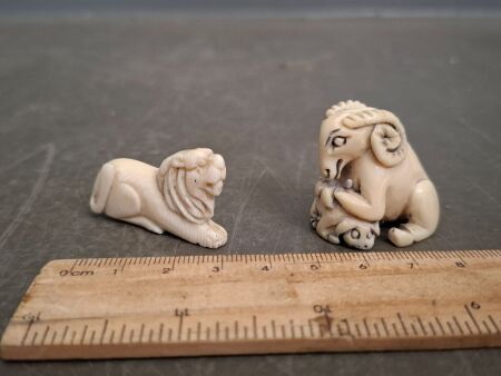 Carved Possibly Ivory Japanese Netsuke Ram - Mum & Baby and Carved Possibly Ivory Lion