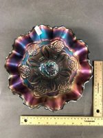 Dugan Amethyst Double Stemmed Rose Fotted Bowl with Ruffled Edge c1910's - 2