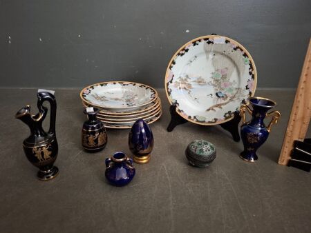 3 Limoges France Pieces - 2 Handmade in Greece 24k Gold Vases - 7 Handpainted Asian Plates