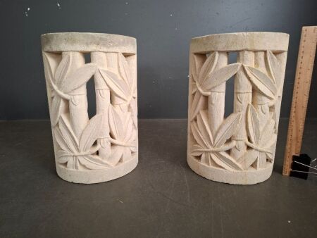 2 Hand Carved Stone Wall Light Cover Sculpture