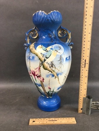 Large Victorian Hand Painted Vase with Birds & Iris