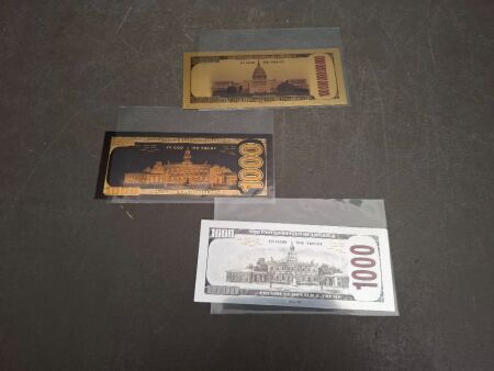 Three USA Donald Trump Gold and Silver Foil Novelty Bank Notes