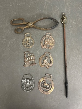 6 Vintage Brass Saddle Harness Medallion - Brass Farmhouse Tongs - Brass and Copper Fire Poker