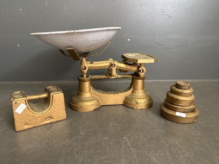Antique Metal Balance Scale with Weights