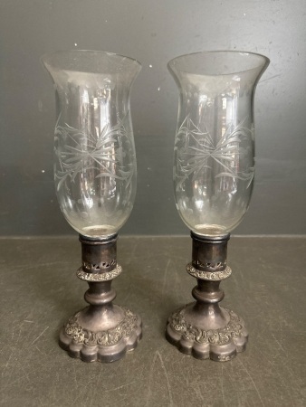 2 Vintage Silver Plate Barker Ellis Candle Stick Holders with Etched Floral Glass Shades