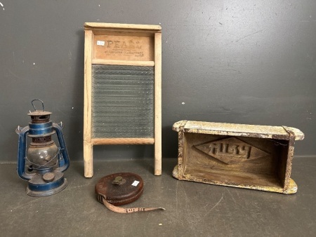 4 Mixed Vintage Items - Incs Lantern - Pearl Canadian Woodwear Wash Board - Measuring Tape - Wooden Box