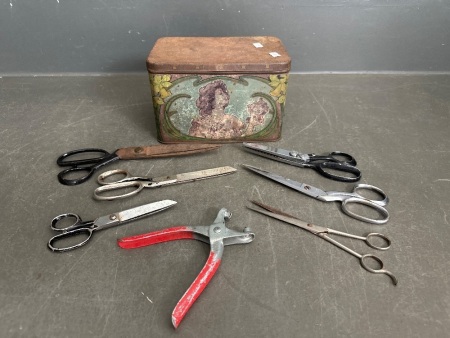Vintage Tin - Incs 6 Pairs of Scissors + Hole Puncher