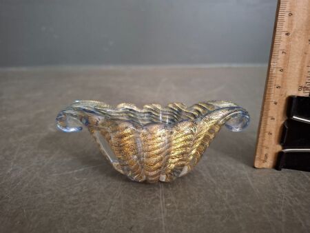 Petite Barovier & Toso Gold & Blue Stripe Murano Glass Bowl