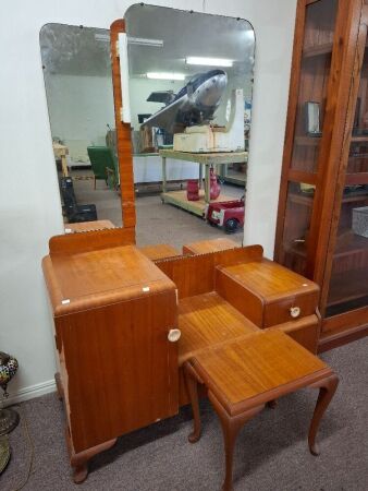 Vintage Art Deco Wooden Dressing Table with Mirror and Stool