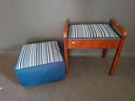 Upholstered Wooden Piano Stool with Under Seat Storage and Matching Ottoman on Wheels