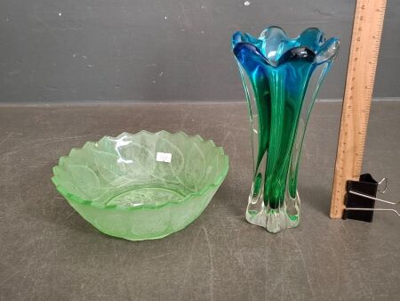 Art Deco Uranium Glass Bowl and Murano Glass Vase