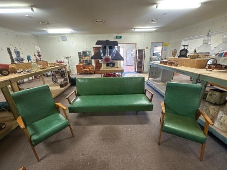 3 Piece Retro Green Vinyl with Wood Accents Lounge Set - Incs 2 TV Chairs - Click Clack Lounge
