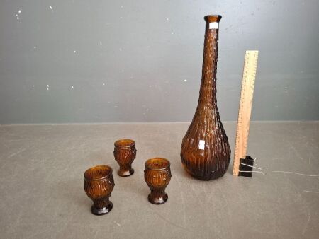 Mid Century Amber Drip Wax Glass Genie Bottle without Lid - Incs 3 Drip Wax Glass Cups