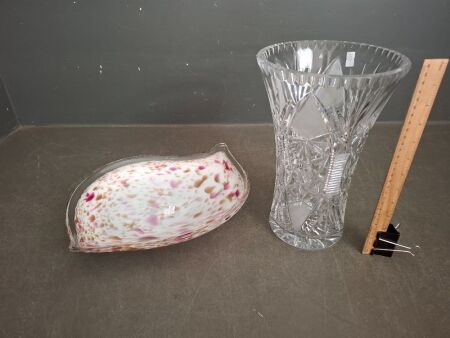 Murano Art Glass Fruit Platter and Cut Glass Vase