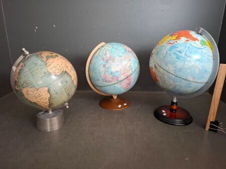 3 Various Sized Vintage World Globes