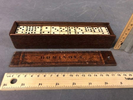 Rare Antique Mahogany Boxed Full Set of 55 Bone 'Double Nine' Dominoes c1860's