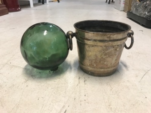 Vintage Green Glass Float Ball & Plated Wine Cooler