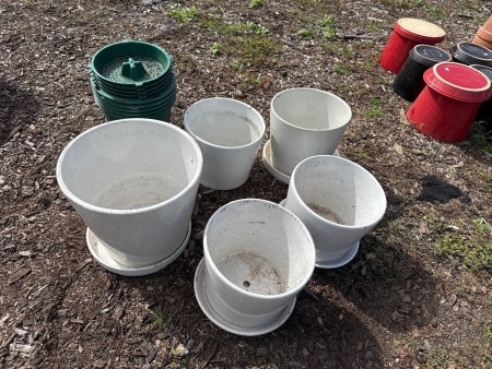 4 White Glazed Medium Size Pots- 1 White Glazed Large Pot - 5 Inground worm farms