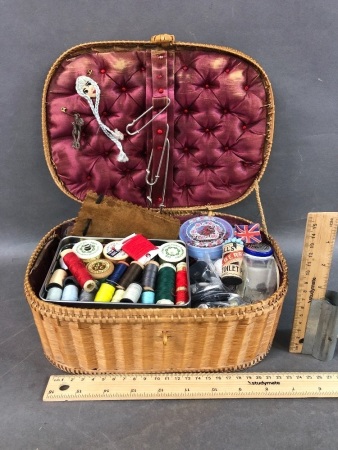 Antique Woven French Straw Sewing Basket with Qulited Satin Lining & Collection of Sewing Items