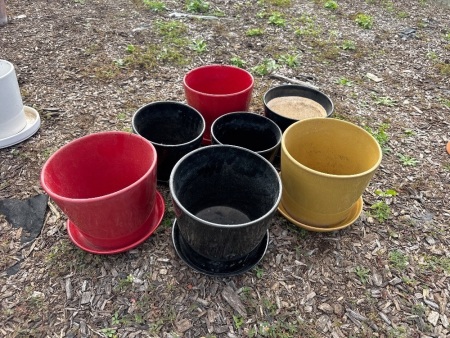 Mixed Lot of Pots - Incs 2 Medium Sized Red Glazed Pots - Yellow Pot - Black Medium Pot with Saucer - 3 Medium Black Glazed Pots with Saucers