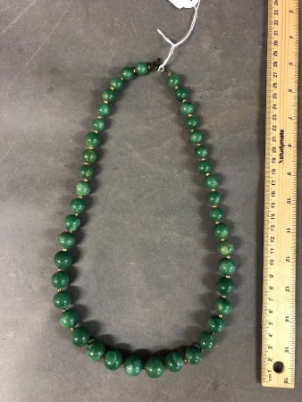 String of Vintage Heavy Jade Beads with Brass Toggle Catch