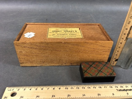 Vintage Papier Mache Snuff Box with Tartan Design + Vintage Cedar Box from Hinsby's Pharmacy, Hobart