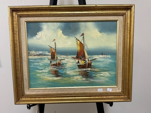 Mid Century Oil on Board of Sailboats at Sea - Signed Bottom Corner