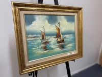 Mid Century Oil on Board of Sailboats at Sea - Signed Bottom Corner - 2