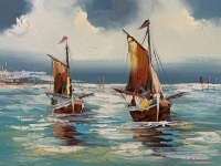 Mid Century Oil on Board of Sailboats at Sea - Signed Bottom Corner - 3